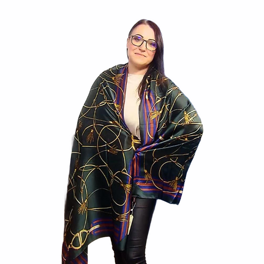 Šála-šátek ze 100% Pravého Hedvábí, 90 cm x 180 cm, Zelená se zlatým řetězem | -80% Akce na Šperky