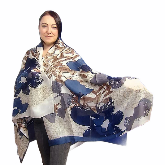 Šála-šátek ze 100% Pravého Hedvábí, 90 cm x 180 cm, Vzor květin a starého písma | -80% Akce na Šperky