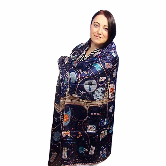 Šála-šátek ze 100% Pravého Hedvábí, 90 cm x 180 cm, Stylový kabelkový vzor, Tmavě modrá | -80% Akce na Šperky