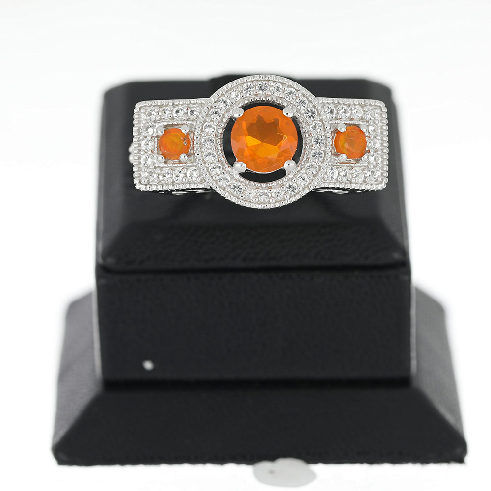 Stříbrný Prsten s Oranžovým Opálem Lega Dembi a Kolumbijským Bílým Zirkonem | -80% Akce na Šperky