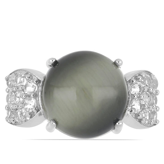 Stříbrný Prsten se Zeleným Kočičím Okem z Antananariva a Bílým Topazem | -80% Akce na Šperky