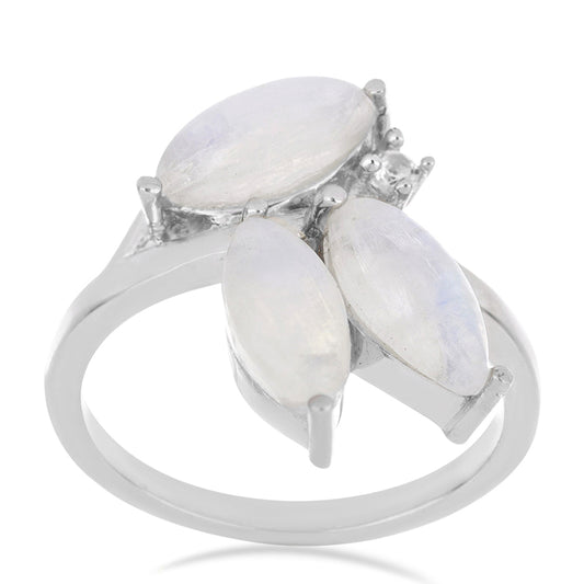 Stříbrný Prsten s Duhovým Měsíčním Kamenem a Bílým Topazem