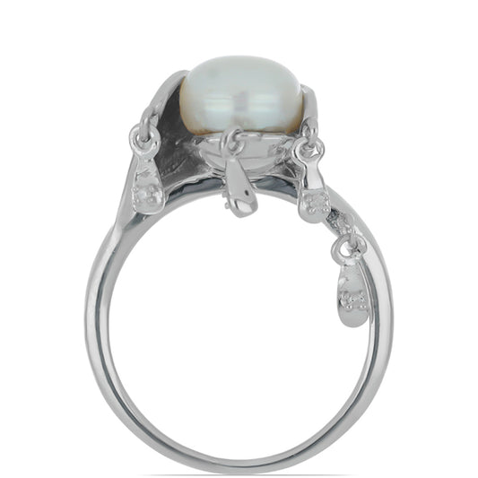 Stříbrný Prsten s Bílým Diamantem a Bílou Sladkovodní Perlou