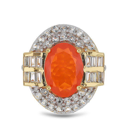 Pozlacený Stříbrný Prsten s Oranžovým Opálem z Lega Dembi a Bílým Topazem