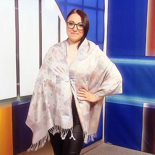 Šála-šátek ze 100% Pravého Pashmina Kašmíru, 70 cm x 170 cm, Lesklá bílá s motýlím vzorem | -80% Akce na Šperky