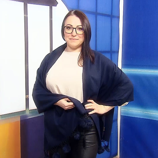 Šála-šátek s Pravou Pom Pom Kožešinou, 60 cm x 170 cm, Námořnická modrá | -80% Akce na Šperky